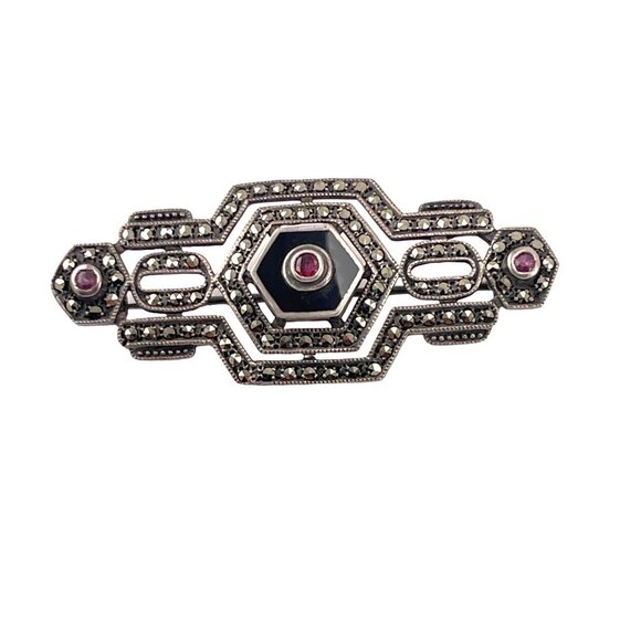 Antique Art Deco Brooch With Marcasite Ruby Gemstone Accents - Picture 3 of 7